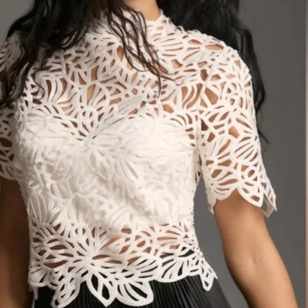 Anthropologie Forever That Girl Short-Sleeve Lace Cutwork Blouse XS